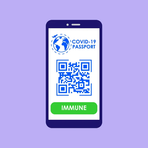 Aşı pasaportu. Coronavirus salgını sırasında seyahat için QP kodu olan bir akıllı telefon uygulaması. Düz bir şekilde vektör illüstrasyonu. Eps 10.