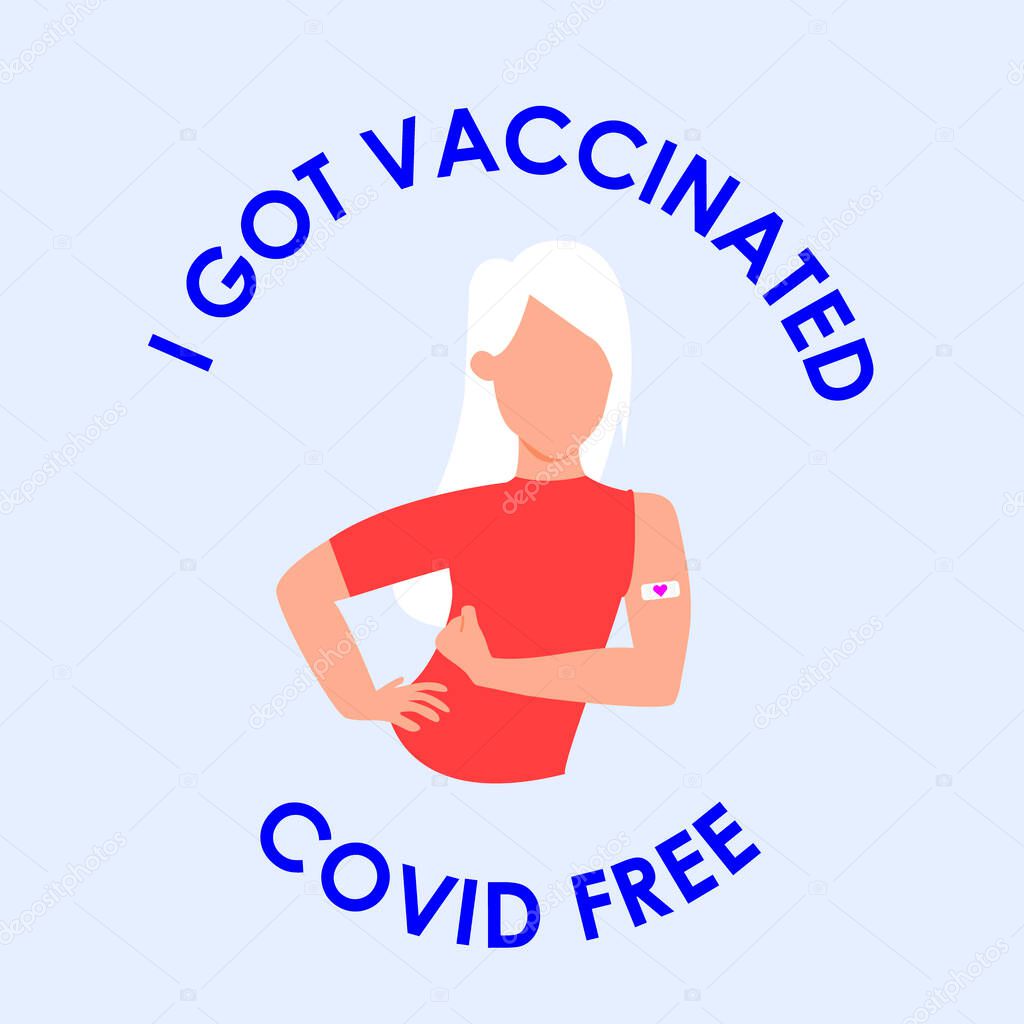 The girl pulls up the sleeve of her T-shirt to reveal the vaccination bandage. Coronavirus vaccination. Vector illustration in flat style for poster, flyer, banner.