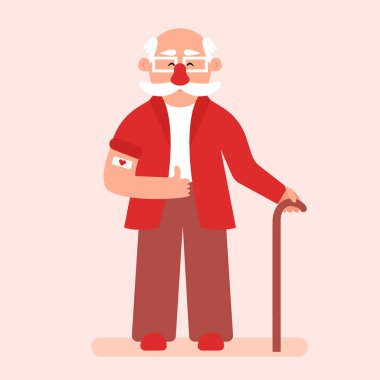 Yaşlılara aşı olmak. Yaşlı adam, aşı bandajını ortaya çıkarmak için elbisesinin kolunu sıyırdı. Aşıyı yaptıktan sonra büyükbabam onay verdi. Düz vektör çizimi. Eps 10