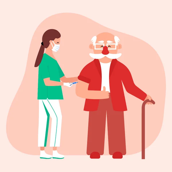 Son sınıf öğrencileri için aşı. Şırıngalı hemşire yaşlı birini aşıladı. Antiviral bir aşı enjeksiyonu. Poster, el ilanı, afiş vs. için düz stil renkli vektör illüstrasyonu. Eps 10