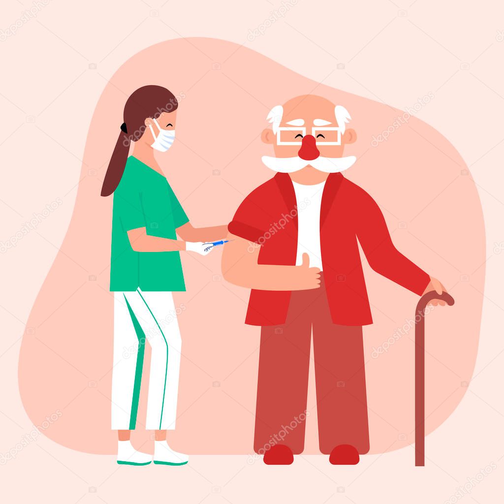 Vaccination for senior man. Nurse with a syringe vaccinates an elderly person. An injection of an antiviral vaccine. Colored vector illustration in flat style for poster, flyer, banner, etc.