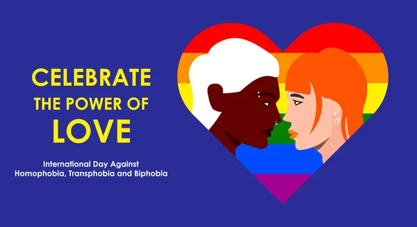 17 mei - De Internationale Dag tegen Homofobie, Transfobie en Biphobia. Verliefd op de achtergrond van een hart geschilderd in de kleuren van de LGBT trots vlag. Sjabloon voor banner, poster, etc — Stockvector