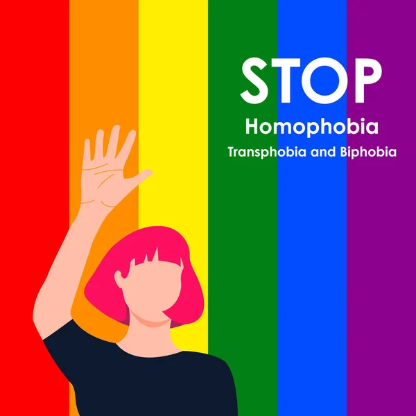 Stop Homophobia. LGBT woman with pink hair raised her hand in protest. May 17 - The International Day Against Homophobia, Transphobia and Biphobia. Vector illustration in flat style. — Stock Vector