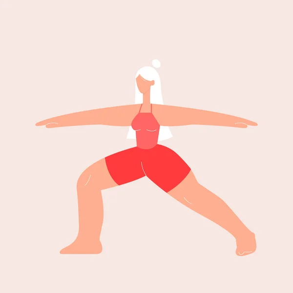 Junge Frau in roter Badebekleidung beim Yoga. Weibliche Zeichentrickfigur in Kriegerpose. Vektorillustration im flachen Stil. — Stockvektor