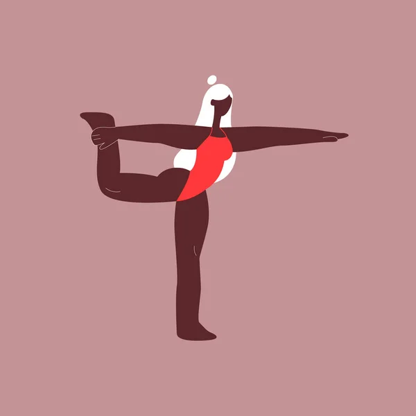 Ung kvinna i röda badkläder som gör yoga. Flicka i NATARAJASANA yoga pose. Vektorillustration i platt stil. Eps 10. — Stock vektor