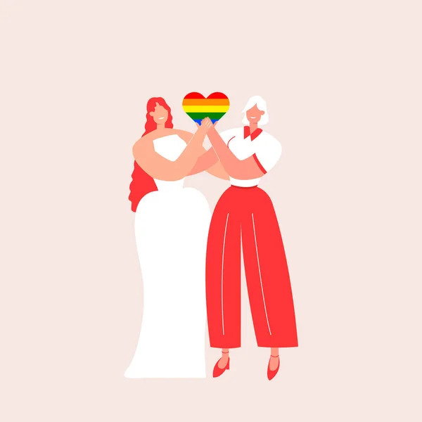 Feliz boda de pareja lesbiana. Dos lesbianas en vestidos de novia abrazan y sostienen un corazón decorado con los colores de la bandera LGBT. Boda LGBTQ. Plantilla vectorial para tarjeta de felicitación y tarjeta de invitación. — Archivo Imágenes Vectoriales