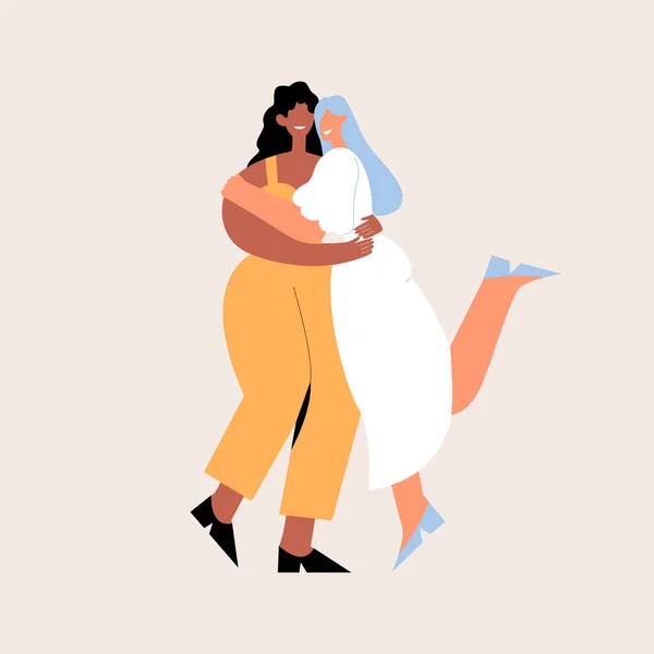 Happy lesbian couple. LGBTQ wedding. Two lesbians hug in wedding dresses. Vector template for greeting card, invitation card, poster, flyer. — Vetor de Stock