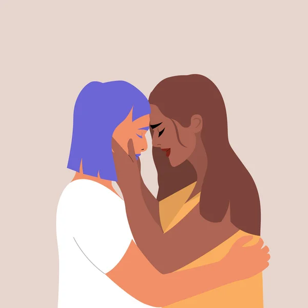 Couple homosexuel interracial. Portrait de deux adorables jeunes femmes embrassant. Des partenaires amoureux homosexuels. L'amour LGBTQ. Modèle vectoriel pour carte de vœux, carte d'invitation, affiche, dépliant. Eps 10. — Image vectorielle