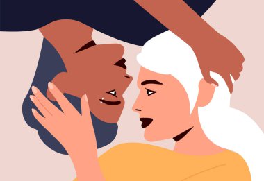 Lezbiyen çift. Birbirlerinin gözlerinin içine bakan sevimli genç kadınların portresi. Irklar arası homoseksüel romantik partnerler randevusu. LGBTQ aşkı, ilişkiler, tutku konsepti. Düz tasarım.