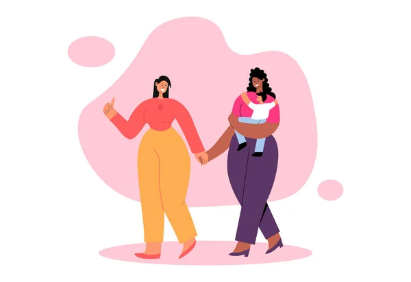 Interracial Lesbian couple with kid. Gay parents walk with their adopted son and express love and care. Wife and wife together. Same sex LGBTQ family. Pride month concept. Flat design. Eps 10. — Image vectorielle