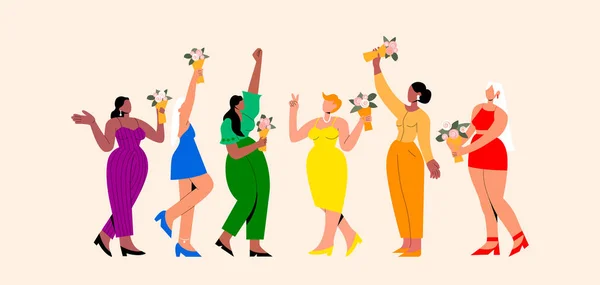 Ellerinde çiçek buketleri olan gökkuşağı renkli elbiseli kadınlar. Gökkuşağı partisi. Tebrik kartı, kartpostal, web, pankart için düz stil posterde yatay. Eps 10.
