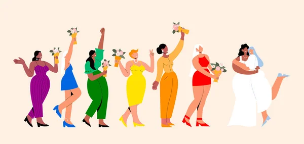 Gökkuşağı LGBTQ düğün partisi. Nedimeler ellerinde çiçek buketleriyle gökkuşağı renginde elbiseler giyerler. Mutlu lezbiyen gelinler. Homoseksüel çift. Düz stil yatay poster. Eps 10.