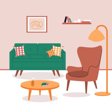 Interior of living room with stylish comfy furniture and home decorations in hygge style. Flat colorful Living room with green sofa and brown armchair. Vector illustration.