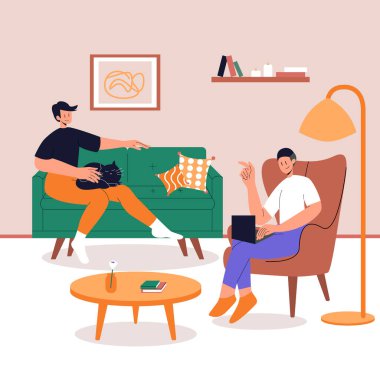 Young gay couple spend time together at home. A man sits on a sofa with a cat on her knees. Male Character Sitting on chair with Laptop. Home Office. Lifestyle after quarantine. Eps 10.