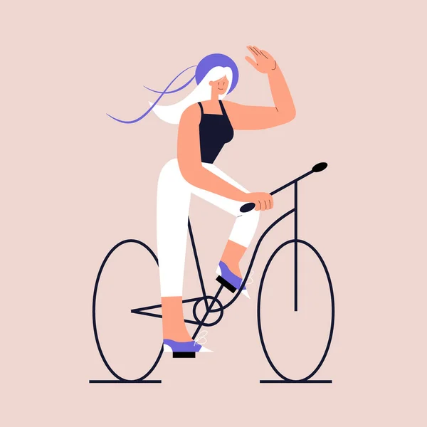 Uma linda garota de chapéu está andando de bicicleta e acenando com a mão. Transporte urbano ecológico. Estilo de vida após quarentena. Ilustração vetorial em estilo plano sobre fundo isolado. Eps 10. — Vetor de Stock