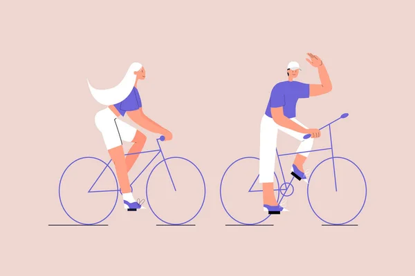 Um casal anda de bicicleta. Passar tempo juntos. O homem agita a mão. Transporte urbano ecológico. Estilo de vida pós-quarentena. Ilustração vetorial em fundo isolado. Eps 10 — Vetor de Stock