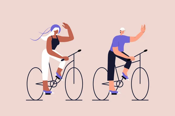 Couple Interracial fait du vélo et agite les mains. Passez du temps ensemble. Transport urbain respectueux de l'environnement. Mode de vie après la quarantaine. Illustration vectorielle sur fond isolé. — Image vectorielle