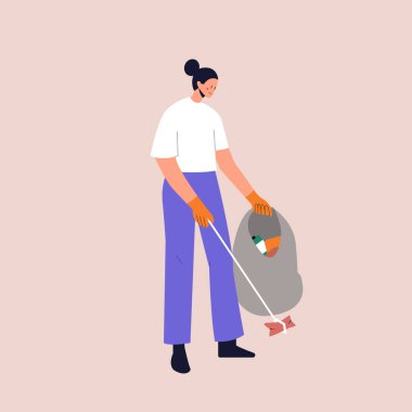 Bir adam çöp torbasında çöp topluyor. Çevre gönüllüsü çöpten kirlenmiş çevreyi temizliyor. İzole edilmiş arka planda düz vektör çizimi. Eps 10.