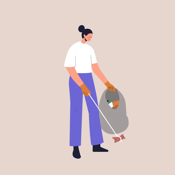 Un tipo recoge basura en una bolsa de basura. Eco-voluntario limpia el ambiente contaminado de la basura. Ilustración vectorial plana sobre fondo aislado. Eps 10. — Vector de stock