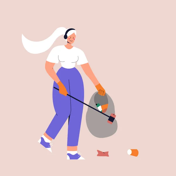 Uma menina com fones de ouvido coleta lixo em um saco de lixo. Eco-voluntário limpa o ambiente poluído do lixo. Ilustração vetorial plana em fundo isolado. Eps 10. — Vetor de Stock