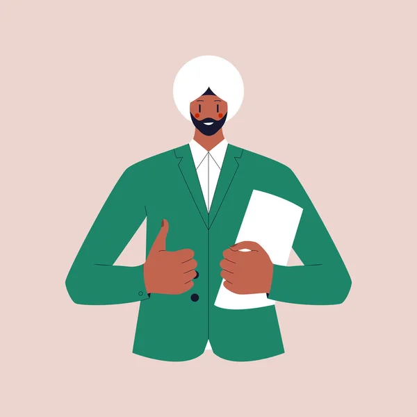 Um cara com barba em um turbante em um terno de negócios segura uma pasta com documentos e mostra um polegar para cima. Ilustração vetorial plana colorida sobre fundo isolado. Eps 10. —  Vetores de Stock