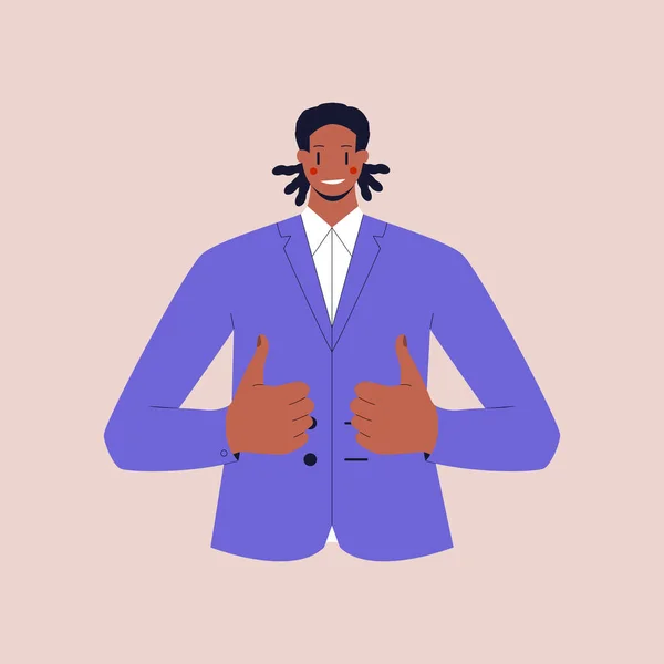 Un negro sonriente con un traje de negocios muestra un pulgar hacia arriba en ambas manos. Ilustración colorida de vectores planos sobre fondo aislado. Eps 10. — Vector de stock