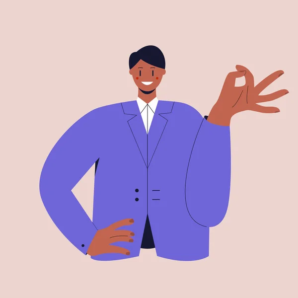 Um negro feliz em um terno de negócios mostra o sinal OK. O gesto ok. Ilustração vetorial plana colorida sobre fundo isolado. Eps 10. —  Vetores de Stock