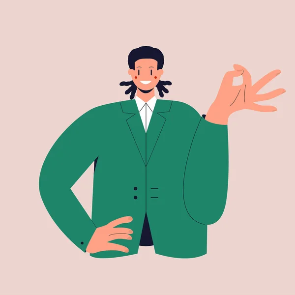 Un hombre feliz con rastas en un traje de negocios muestra el signo OK. El gesto correcto. Ilustración colorida de vectores planos sobre fondo aislado. Eps 10. — Vector de stock