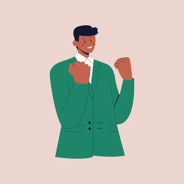 Homem de negócios negro sortudo dizer sim com o rosto aliviado, sorrindo e fazendo punho bomba, triunfando de sucesso. Ilustração vetorial plana colorida sobre fundo isolado. Eps 10. —  Vetores de Stock