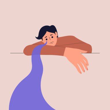 Kafası aşağıda ağlayan bir adamın psikolojik portresi. Gözyaşı nehri. Endişe ve depresyon konsepti, psikoterapi. Düz bir şekilde vektör illüstrasyonu. Eps 10.