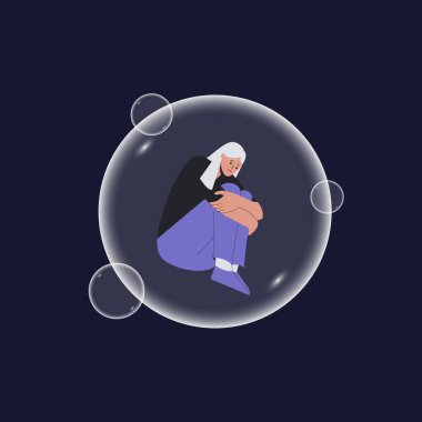 The concept of depression, social isolation, loneliness and mental disorders. Depressed feminine character in bubble. Lonely person in vacuum. Vector illustration in flat style. Eps 10 clipart
