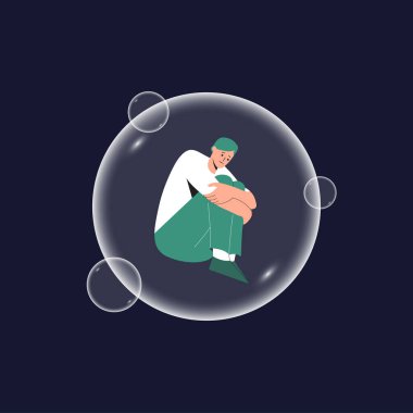 The concept of depression, social isolation, loneliness and mental disorders. Depressed young male character with green hair sits in bubble. Lonely person in vacuum. Vector illustration in flat style. clipart