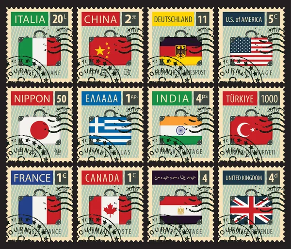 Stamps with flags of different countries — Stock Vector