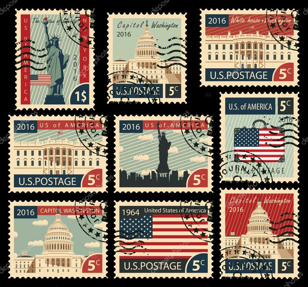 Set of stamps with the image of the United States of America architectural landmarks