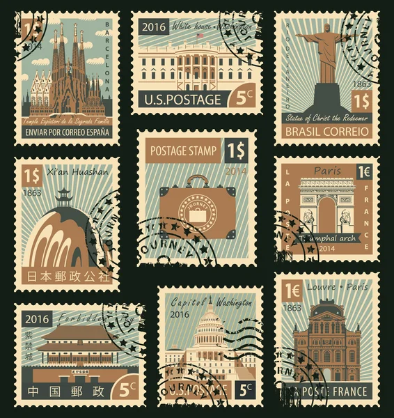 Γραμματόσημα με διαφορετικά αρχιτεκτονικά αξιοθέατα — Διανυσματικό Αρχείο