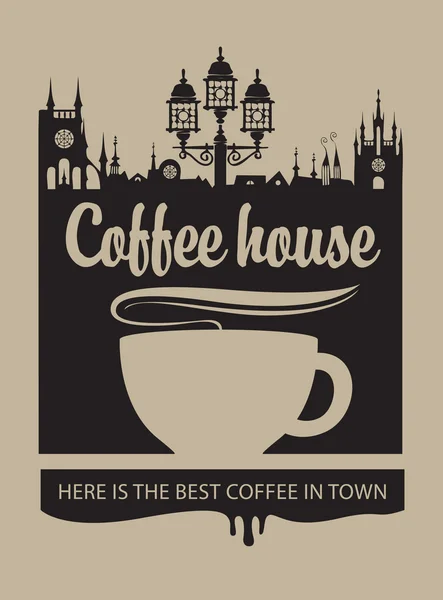 Kopje koffie en de oude stad met een straat lamp — Stockvector