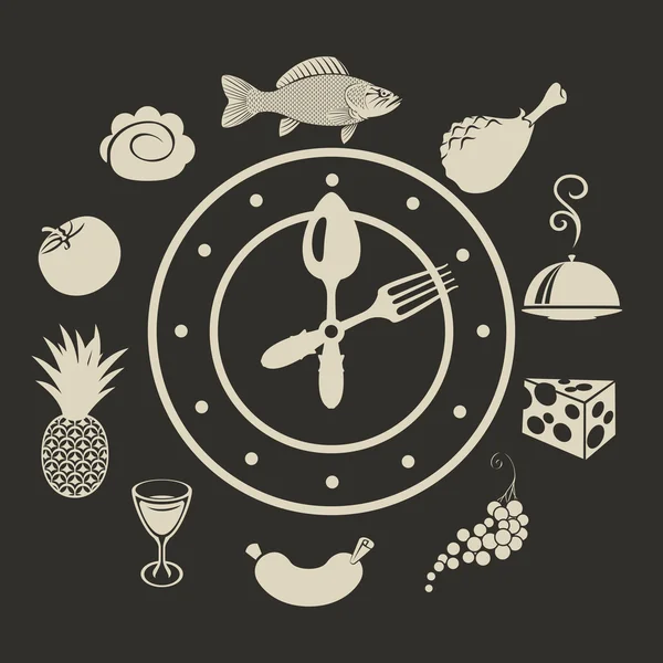 Relógio e menu de pratos diferentes —  Vetores de Stock