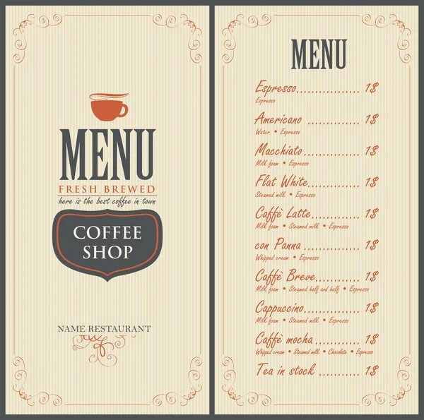 Menú para el café con una taza de café — Vector de stock