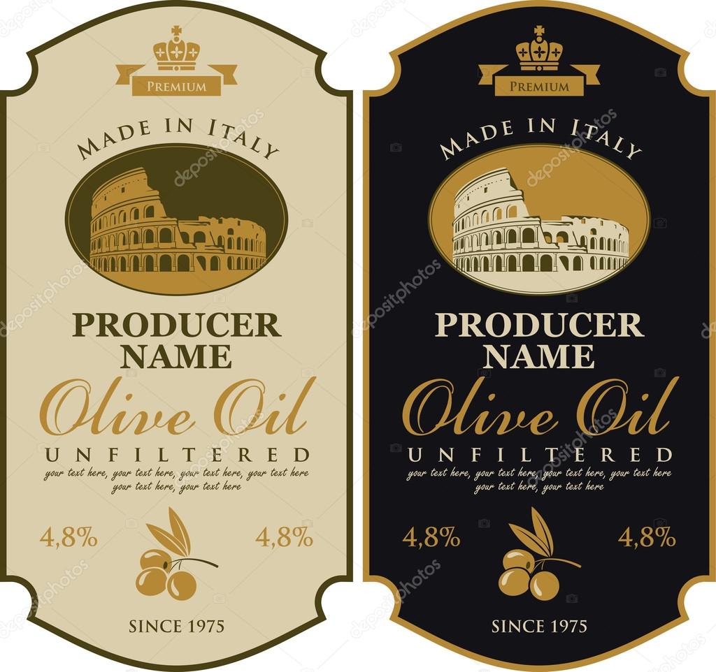 Label for olive oil Made in Italy with the image of Colosseum