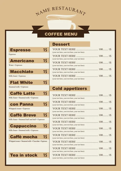 Menú para el café con una taza de café — Vector de stock