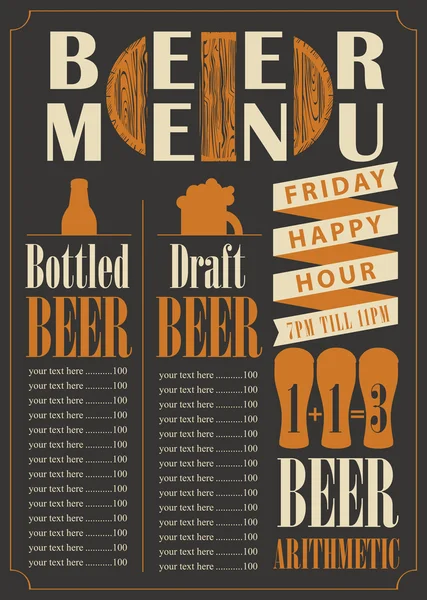 酒吧的啤酒瓶装的草案菜单 — 图库矢量图片
