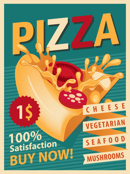 Retro banner with slice of pizza