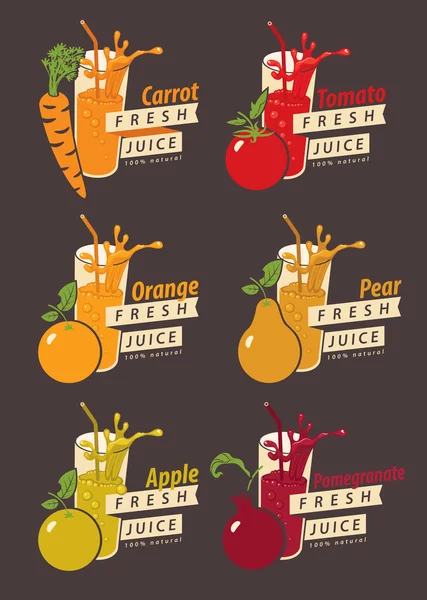 Ställa in frukter och glass med färsk juice — Stock vektor