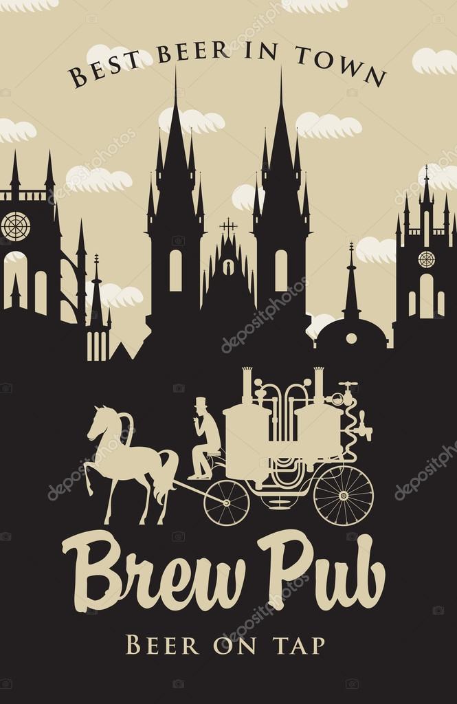 Vintage banner for the brewery with horse carriage in the old town
