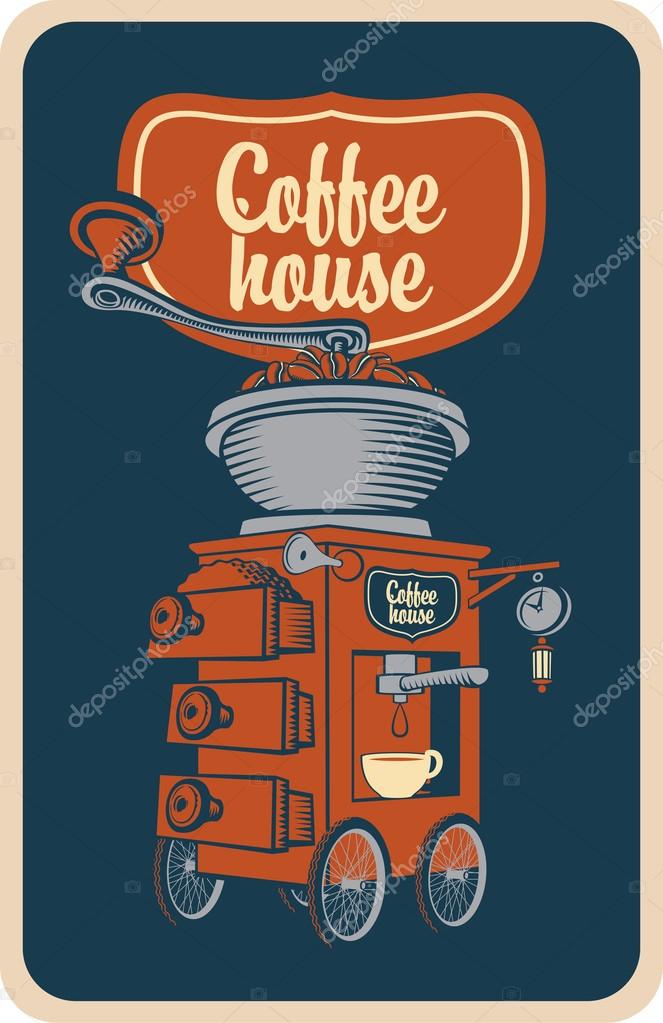Surreal coffee grinder with cup on wheels in a retro style