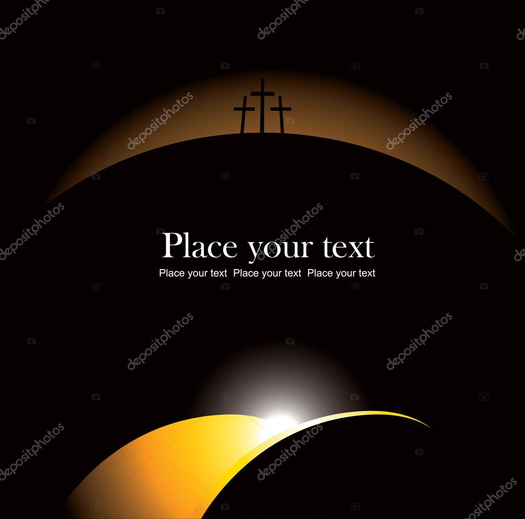 Banner with Mount Calvary with three crosses, cave and stone