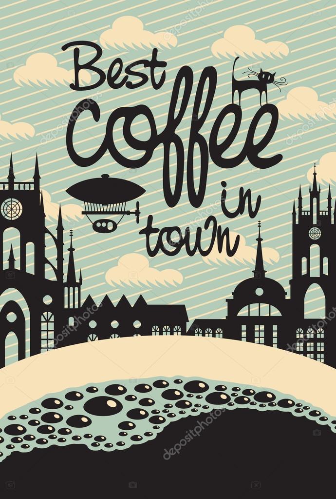 Banner for a cafe with a cup of coffee and the old town