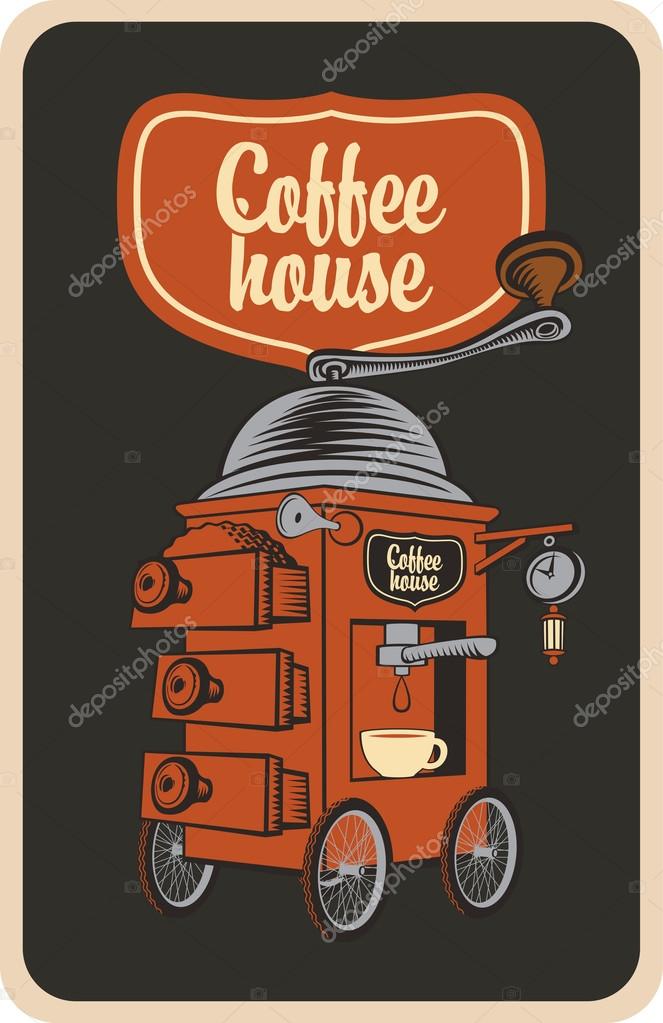 Surreal coffee grinder with cup on wheels in a retro style