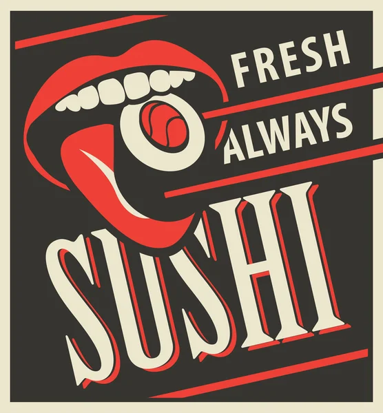 Comida japonesa com boca humana comer sushi — Vetor de Stock
