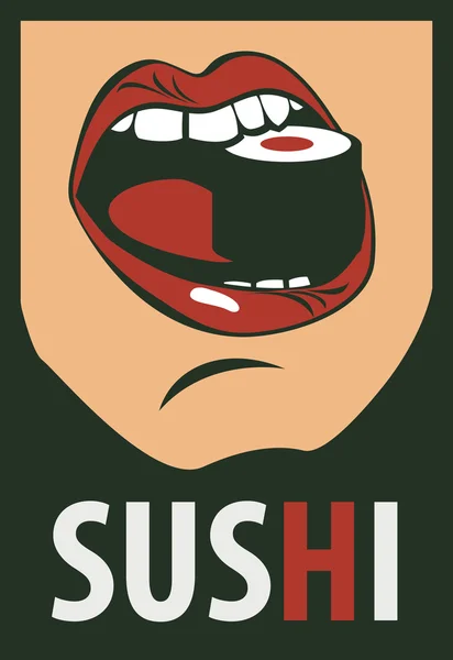 Human mouth eating sushi in a retro style — Stock Vector